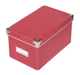 Closed red cardboard box with metal findings. Isolated on the white background, three-quarter view, no shadow.