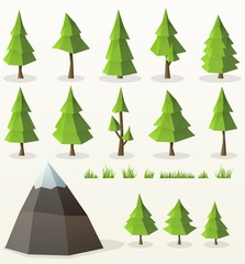 low poly conifer trees set for poster designs, banners, flyer, website designs and christmas backgrounds