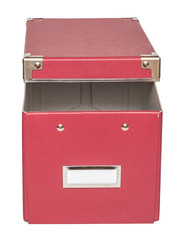 Haft-open red cardboard box with metal findings. Isolated on the white background, top-front view, no shadow.