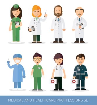 Set of doctors and nurses and medical staff illustration. Medical team concept in flat design people character.