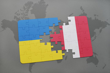 puzzle with the national flag of ukraine and peru on a world map