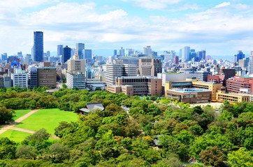 View of the Japanese city  Osaka seen from the Osaka castle

