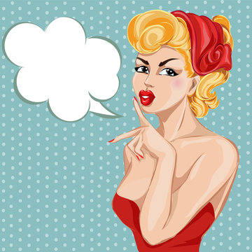 Pin-up sexy woman portrait with speech bubble. Silence Gesture girl hand drawn vector illustration