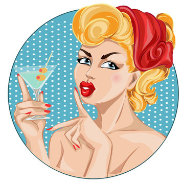 recommend clip art: Pin-up sexy woman portrait with martini. Silence Gesture girl hand drawn vector illustration