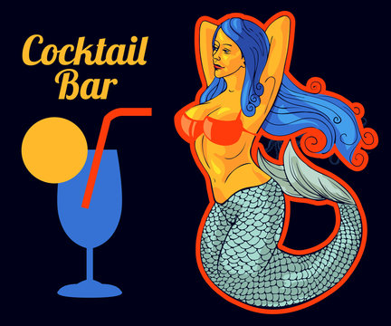 Beach bar vector images set: mermaid, cocktail