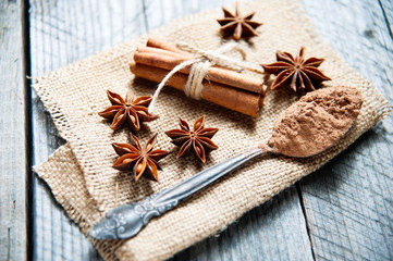 Cinnamon, anise and cocoa in vintage spoon on wooden background
