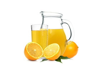 Delicious orange juice in glass and jug isolated on white background