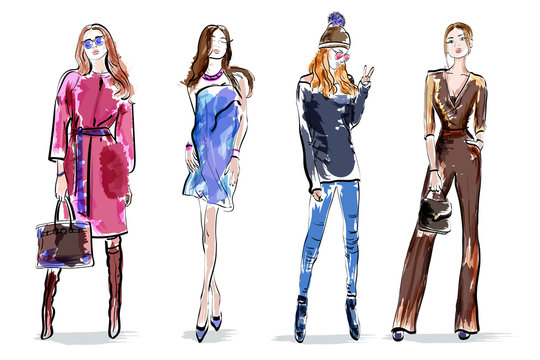 Sketch girls set. Stylish hand drawing women. Colorful female characters. Vector illustration.