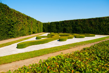 Ornamental bushes in French garden on sunny summer day, Kromeriz Flower Garden, Czech Republic, Europe. UNESCO World Heritage Site