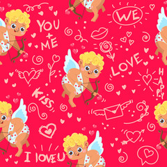 Seamless Pattern with Cupid and hand drawn  elements