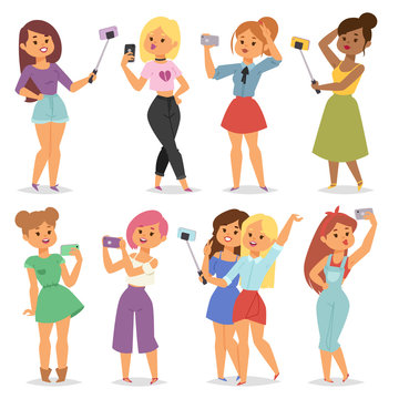 Cartoon selfie girls vector illustration.