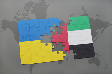 puzzle with the national flag of ukraine and united arab emirates on a world map