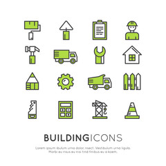 Isolated Vector Style Illustration Logo Badge Set of Construction and Building Process with Tools