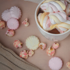 Obraz na płótnie Canvas Hot chocolate drink with marshmallow, beze, popcorn