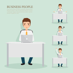 business man working at office desk. people character in job.