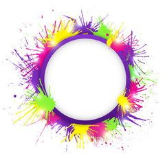 Fototapeta na wymiar Bright round banner with colorful paint splashes and lights on white background. Vector illustration.