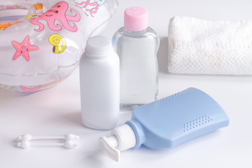 baby organic cosmetic for bath on white bakground