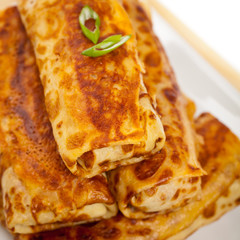 Russian Stuffed Pancakes Blintzes with Meat Isolated on White. Selective focus.