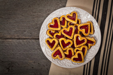 Cherry Hearts. Shortbread Cookies with Cherry Filling. Selective focus.