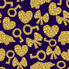 Gold heart, car,key,bow, sheet of gold , texture, metal, seamless pattern.Vector illustration.