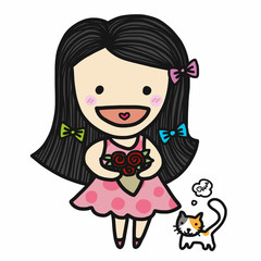 Fototapeta premium Cute girl in love holding roses bouquet cartoon illustration