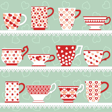 Cups and mugs collection with hearts decorations on different shapes