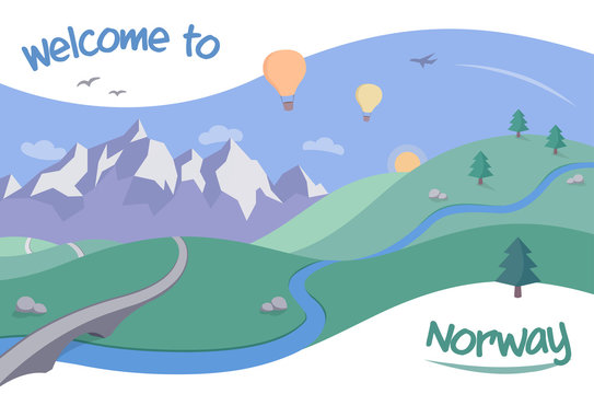 Illustration for Norway Tourism - a landscape with hot air balloons flying over mountains, in the style of a retro postcard or poster.