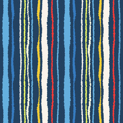 Seamless strip pattern. Vertical lines with torn paper effect. Shred edge texture. White, blue, yellow, red colored background. Spring theme. Vector