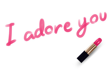 I adore you text writed by Lipstick pink color isolated on white background, with copy space