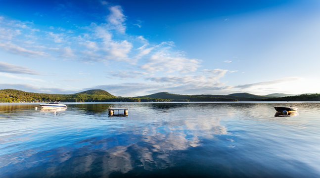 Panorama of a calm summer morning on Merrymeeting Lake, New Hampshire