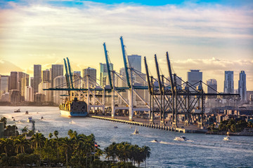 Miami Port with barge - obrazy, fototapety, plakaty