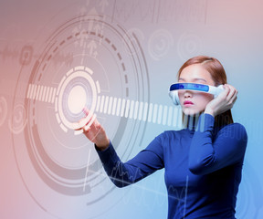 woman wearing smart glasses and futuristic graphical user interface