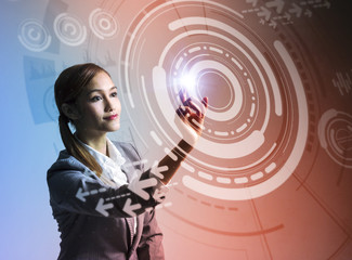 young woman and futuristic graphical user interface concept