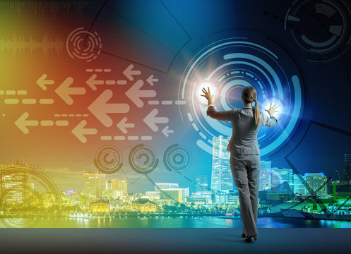 young business person and graphical user interface concept, smart city, internet of things