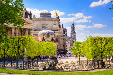 Green park and architecture of old Dresden, Saxony, Germany