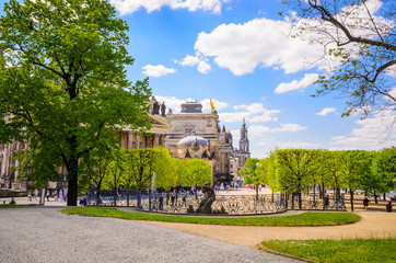 Green park and architecture of old Dresden, Saxony, Germany