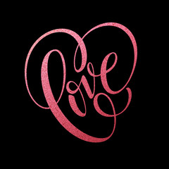 Happy Valentines Day hand lettering, with golden glitter . Vector illustration