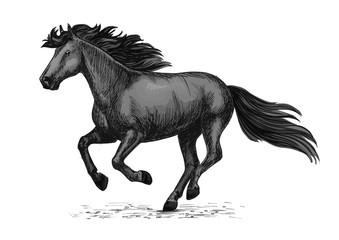 Fototapeta na wymiar Black wild horse running on races vector sketch