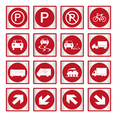 Metallic set red transport and road signs