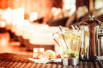 Camomile tea with dried fruits. Spa time concept. Spa lounge are