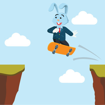 business rabbit crossing the cliff with skateboard