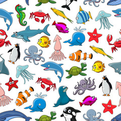 Obraz premium Cartoon pattern of sea fish and ocean animals