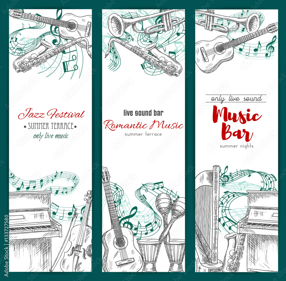 Sticker musical instruments sketch, music festival banners