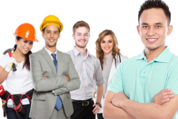 young casual man in front of people in different kind of profess