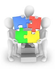 Three 3d people with jigsaw puzzle. Teamwork concept.