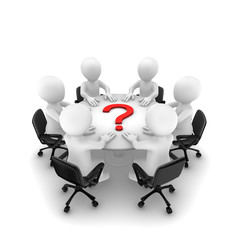3d people are sitting around a table with red question mark. 