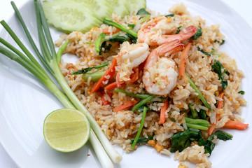 Delicious Shrimp fried rice. Unique style in the white dish on white background,  Thai food.