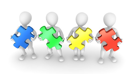 3d people with colored puzzle pieces in hands. Teamwork concept.