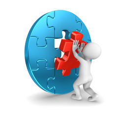 3d man with last puzzle piece. 