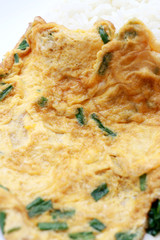 Omelet served with jasmine rice in white dish isolated on white background